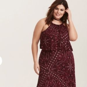 Bandana print high neck layered maxi dress